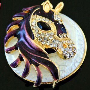 3D HORSE Head on Raised Circle NECKLACE Purple Enamel Mane & Clear Crystals
